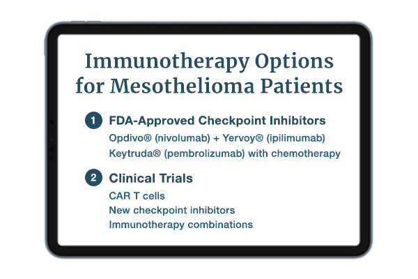 Image depicts a tablet with a white screen. Centered, blue title text says, Immunotherapy Options for Patients." A numbered list below includes two categories: 1) FDA-Approved Checkpoint Inhibitors and 2) Clinical Trials. "Opdivo® (nivolumab) + Yervoy® (ipilimumab)" and Keytruda with chemotherapy appears directly underneath the first list item. "CAR T cells," "New checkpoint inhibitors," and "Immunotherapy combinations," appear directly underneath the second list item.