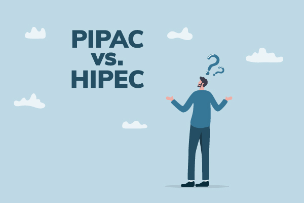 A confused cartoon person stands in front of a large blank background, staring at text that reads, "PIPAC vs. HIPEC."