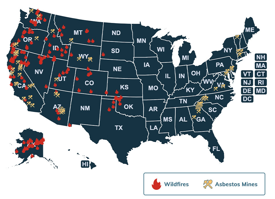 Map showing the locations of asbestos mines and wildfires